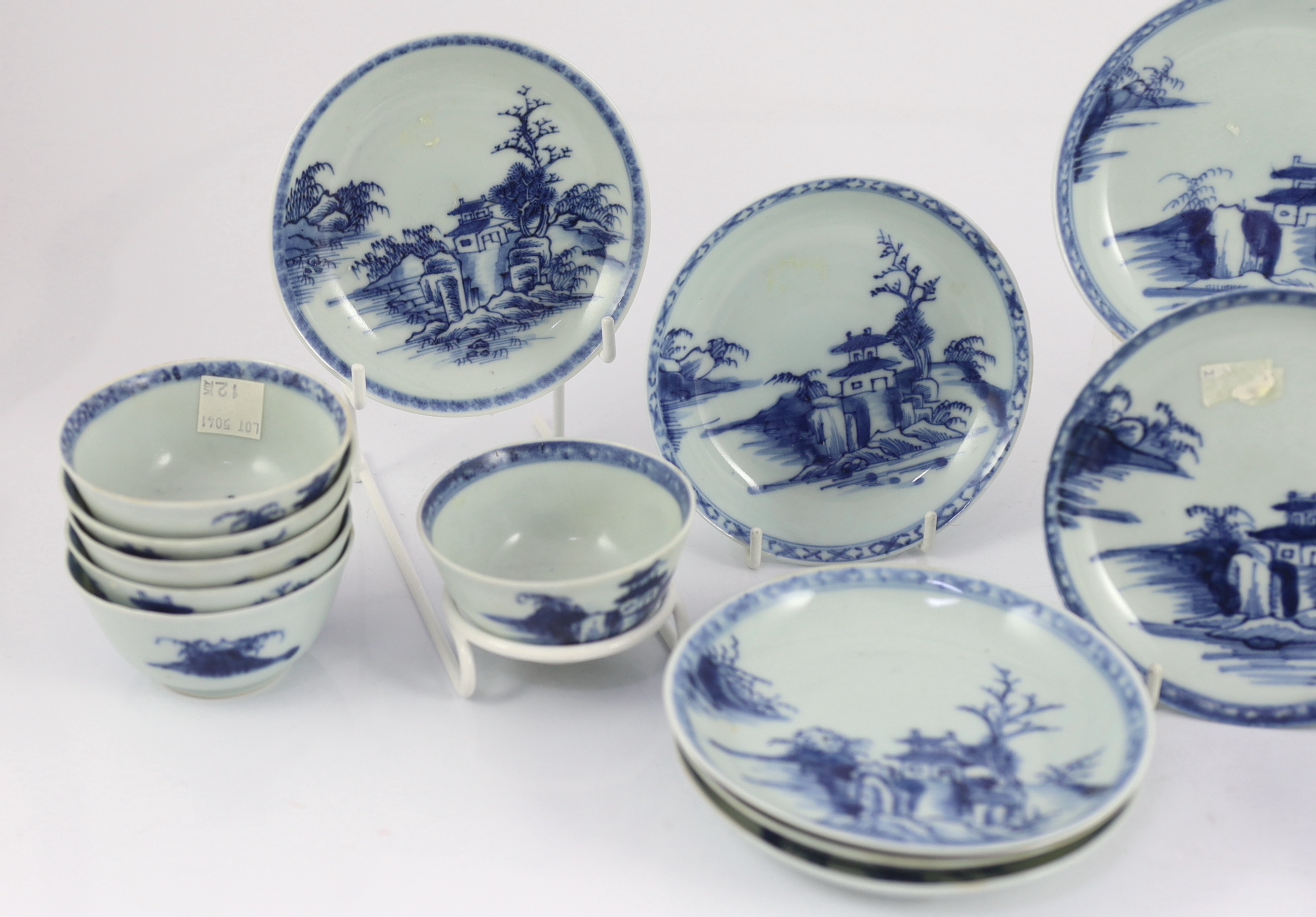 Twelve Chinese blue and white ‘Pagoda Riverscape’ tea bowls and saucers, Nanking Cargo, c.1750